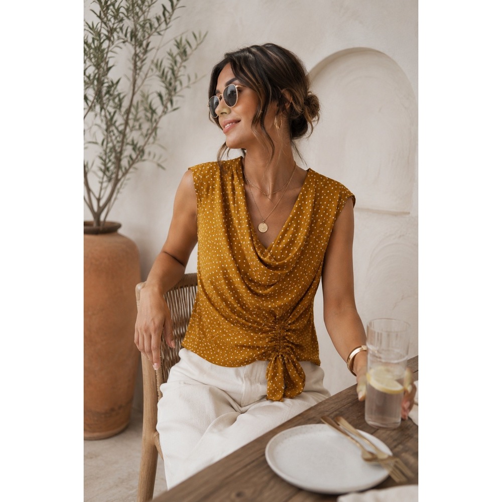 Maeve Silk Polka Dot Draped Tie-Waist Sleeveless Top